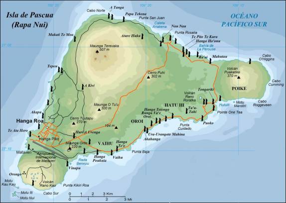 Mapa da Ilha de Páscoa, mostrando a localização de Hanga Roa, do aeroporto, dos vulcões, estradas, trilhas e das ruínas da ilha